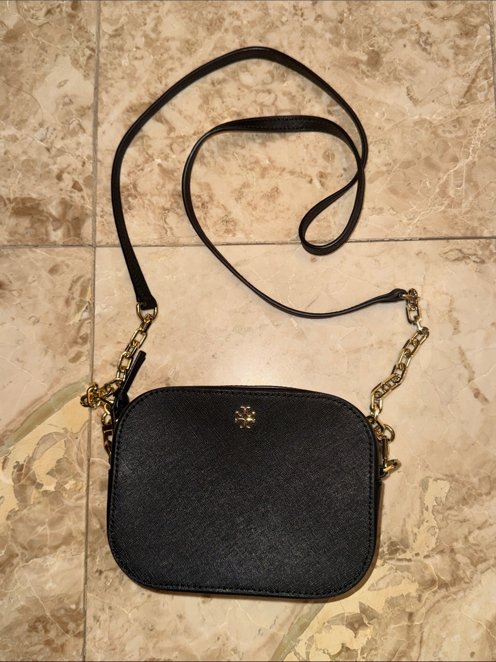 Tory Burch Black Crossbody Camera Bag with Gold Chain